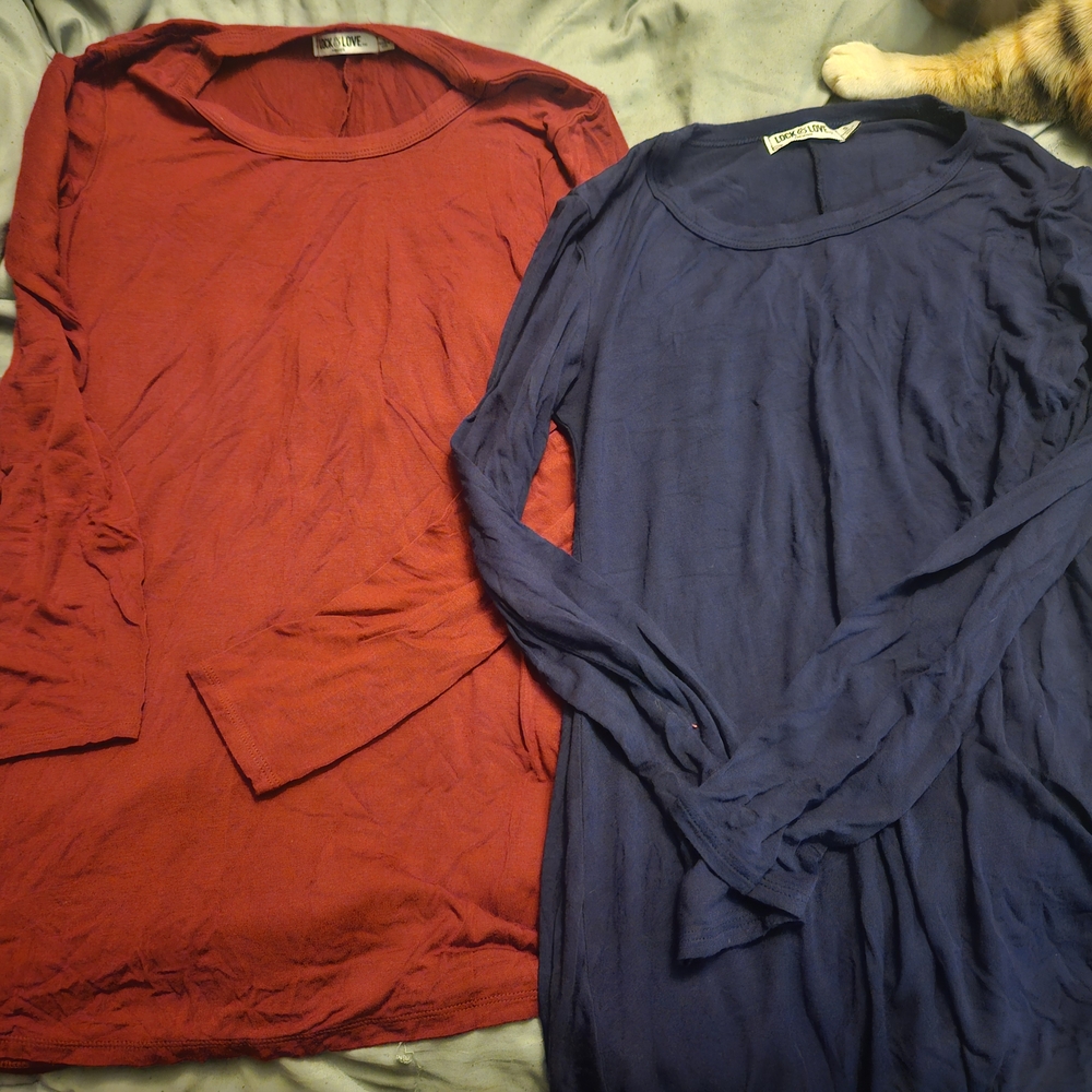 Lot Of 2 Boho High Low Women's Red and Blue Tops Size Small Lock & Love
